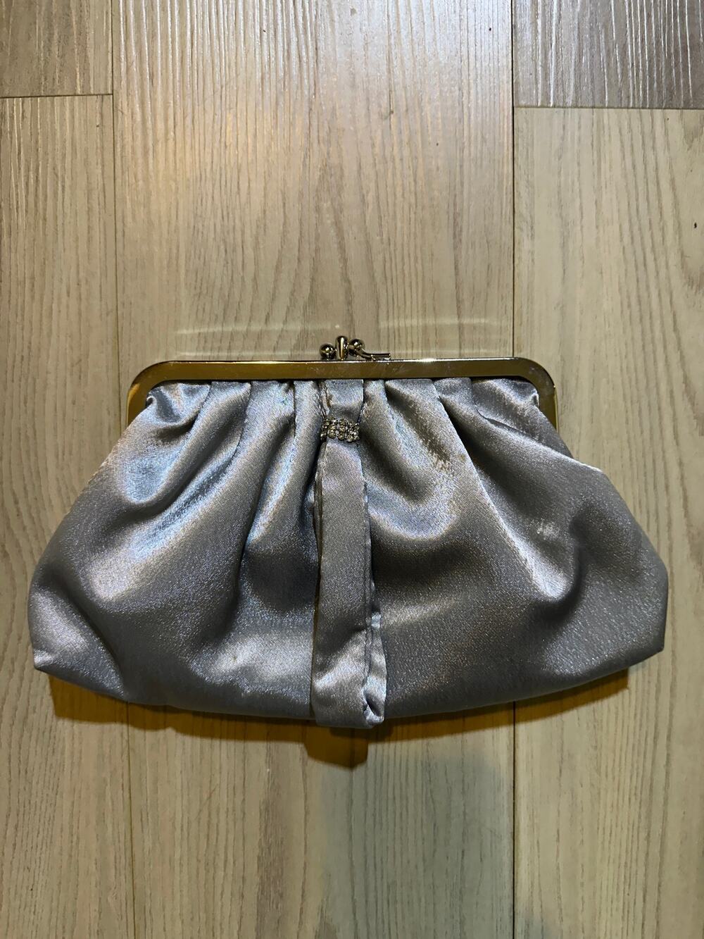 Lulu Townsend Silver Satin Ruched Evening Clutch Rhinestone Kiss Lock Bag